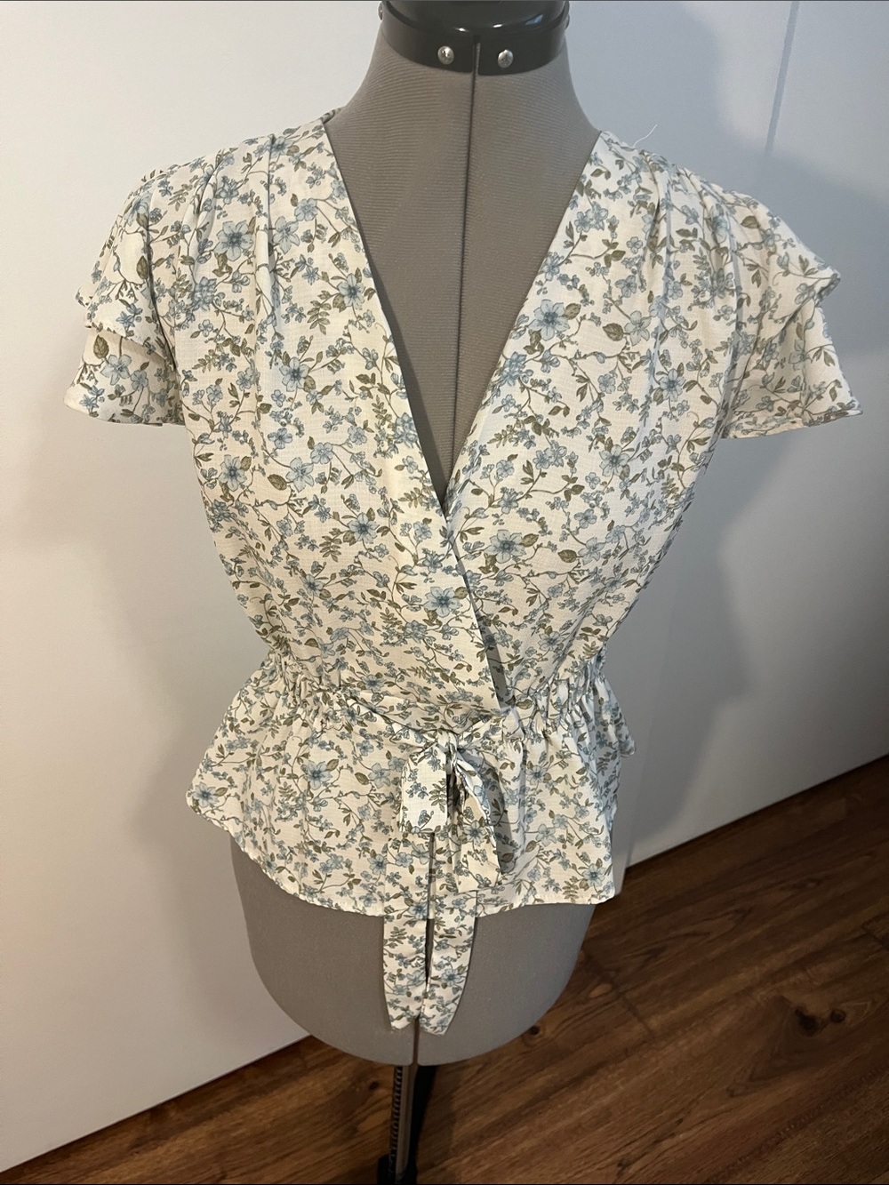 Sweet Rain Cream Floral Wrap Blouse with Blue and Green Print